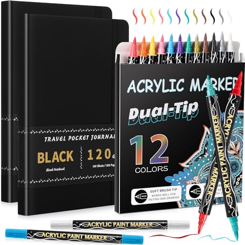 Thenshop 2 Pcs/200 Sheets Black Paper Sketchbook 12 Pen 6 x 8 in Ribbon | Black Page Journal Notebook Metallic Pens Writing Set for Back to School Gift Colored Gel Pen PU Hardcover Drawing Painting - size: 6 x 8 in, style: Ribbon