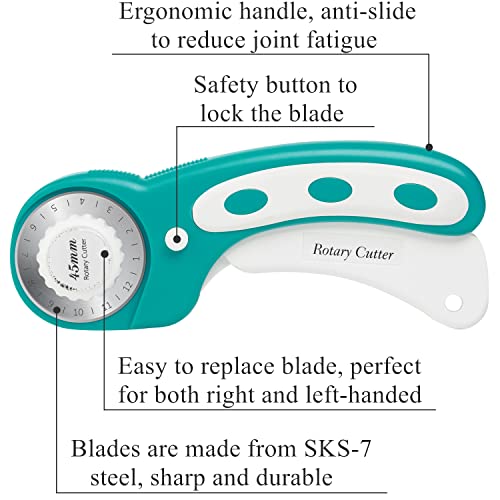 45mm Rotary Cutter with 5pcs Extra Blades, Ergonomic Handle Rolling Cutter with Safety Lock for Fabric, Leather, Crafting, Sewing, Quilting, Fabric Rotary Cutter Perfect for Left & Right Hand (Green) - color: Turquoise, size: 45mm
