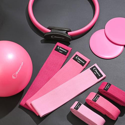 Goocrun Pilates Ring Set Exercise Equipment, with Exercise Resistance Bands Set, Pilates Ball, Sliding Disks. Portable Home Gym - with Fitness Guide Poster - color: Pink, size: Mid-level