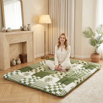 XICIKIN 2.5" Japanese Floor Mattress, Japanese Futon Mattress - color: Green Checkerboard, size: Full（80" x 54"）