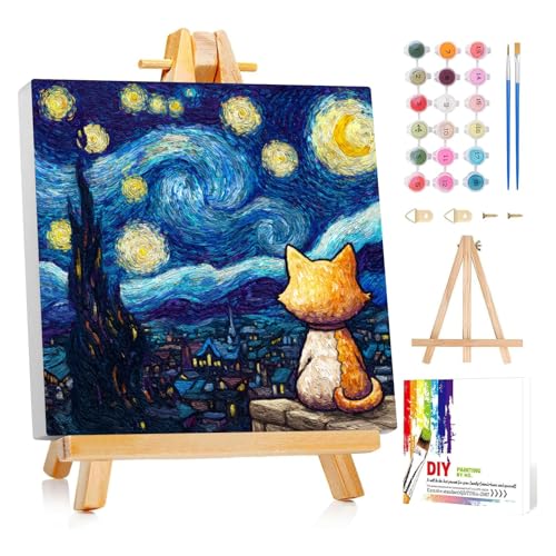 Framed Paint by Numbers Kit for Adults Beginner & Kids Ages 8-12 Starry Night Adult Paint by Number Kits on Canvas with Easel Cat Painting by Numbers for Adults with Frame DIY Painting Kits 8x8 Inch - color: NZB25c, size: 8x8 Inch