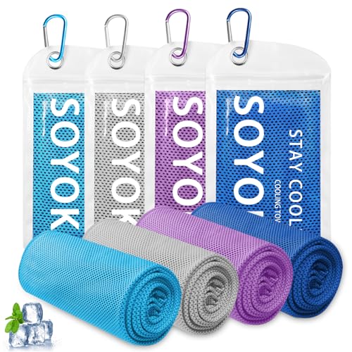 SOYOK 4 Packs Cooling Towels, 40" x 12" Cooling Towels for Neck and Face | High-density microfiber,Soft Breathable,Portable,Reusable, Waterproof Bag,Carabiner,for Running, Yoga, Travel, Climb - color: Light Blue/Light Grey/Purple/Royal Blue