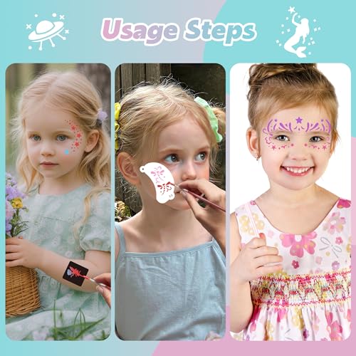 58PCS Face Paint Stencils, Halloween Festival DIY Body Art | Reusable, Washable, 50 Face Painting Stencils, 8 Sheets Tattoo Templates Stickers, Makeup Party, Painting Supplies