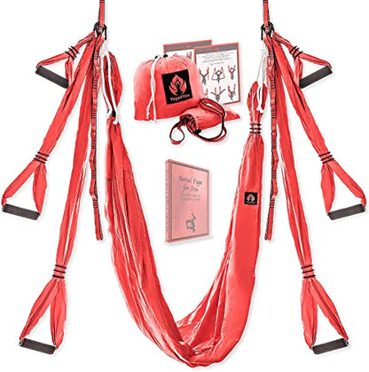 Aerial Yoga Swing Set - Hammock Hanging Swing - Sling Inversion Fly Kit - Antigravity Yoga Sling - Suspension Trapeze - color: CORAL