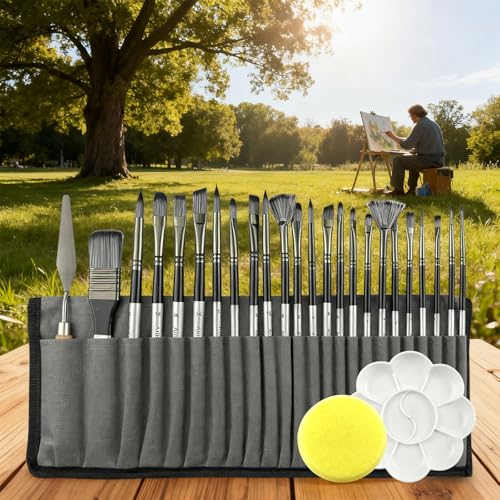 Professional 24Pcs Paint Brushes Set: Wooden Handle Nylon Bristles for Acrylic Oil Watercolor Gouache Painting Outdoor Landscape Sketching Traveling Artists