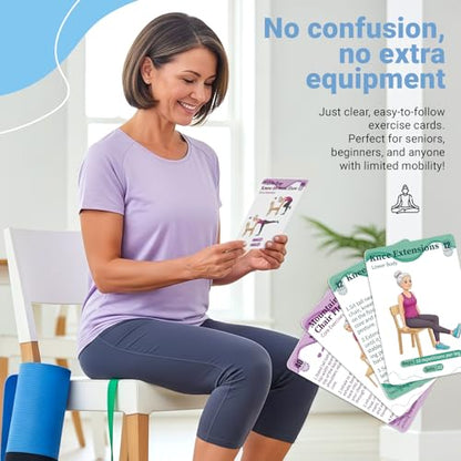 Gentle Chair Yoga Program for Seniors Includes 50 Large Print Exercise Cards that Gently Target Back Relaxation, Core Strength, and Leg Stability.