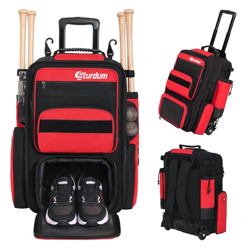 Rolling Baseball Bag with Wheels, 70L Baseball Backpack - color: Red