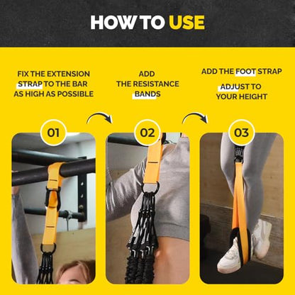 Pull Up Assistance Bands Set with 4 Levels, Adjustable Strap and Foot Rest | 50–200 lb stackable pull-up assistance, nylon-sleeved bands, adjustable support, reduced snap-back risk - color: Yellow