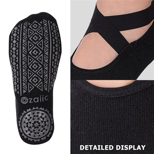 Ozaiic Pilates Socks for Women Non Slip Grip Yoga Barefoot Indoor Workout | Breathable cotton grippy sock, slipper sticky socks, one size fits women for barre, ballet, dance, hospital, home - color: Black-2 Pairs