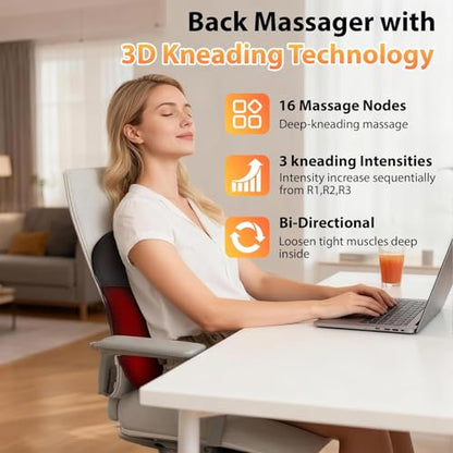 Shiatsu Back and Neck Massager for Pain Relief Deep Tissue, 3D Kneading Lower Back Massager Pillow with Vibration Airbag for Back Neck Shoulder and Legs, Gifts for Mom,Dad,Women - color: Black-03