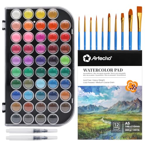 Artecho 48 Colors Watercolor Paint Set, 10 Brushes | A5 Watercolor Paper Pad, 2 Watercolor Pens, Washable Non-Toxic, for Adults & Artists