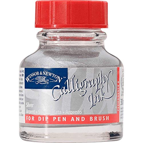 Winsor & Newton Calligraphy Ink, 30ml (1-oz) Bottle, Silver | Lightfast Colors, Satin Finish, Thin Inks Suitable for fip-pens, brushes and airbrushes; Opaque Colors for dip-pen or brush - color: Silver, size: 1 fl oz