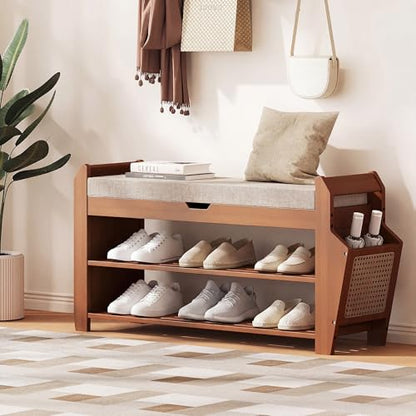 PETKABOO 31.5" Bamboo Shoe Rack Bench with Storage, 3-Tier Entryway Bench with Thick Cushion, Flip-Top & Side Baskets, Holds Up to 550 LBS for Hallway, Living Room, Bedroom - color: 31.5"