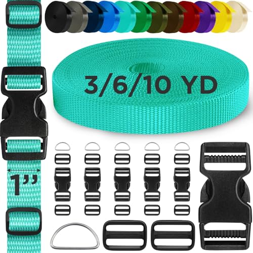 TECEUM 1" Nylon Strap Kit with Buckles, Turqouise 6 yards Repair Set | Heavy duty hardware kit: 6yd webbing, 6 quick release buckles, 12 tri-glide slide clips, 6 metal D-rings for crafting. - color: Turqouise, size: 1" - 6 yards, style: 6 Buckle - 12 Slid
