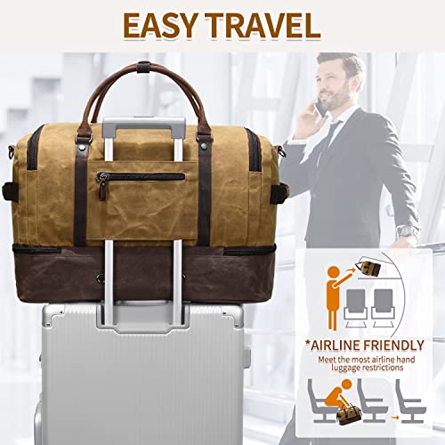 Nerlion Weekender Bag with Shoe Compartment Large Overnight Bag for Men Canvas Genuine Leather Carry on Luggage Bag Travel Duffel Bag(Brown) - color: Brown