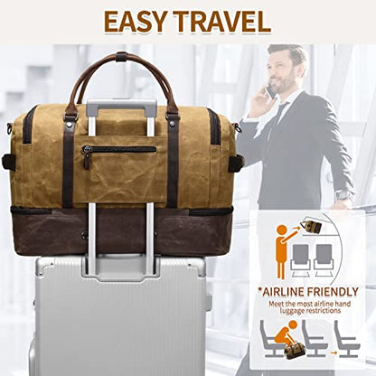 Nerlion Weekender Bag with Shoe Compartment Large Overnight Bag for Men Canvas Genuine Leather Carry on Luggage Bag Travel Duffel Bag(Brown) - color: Brown