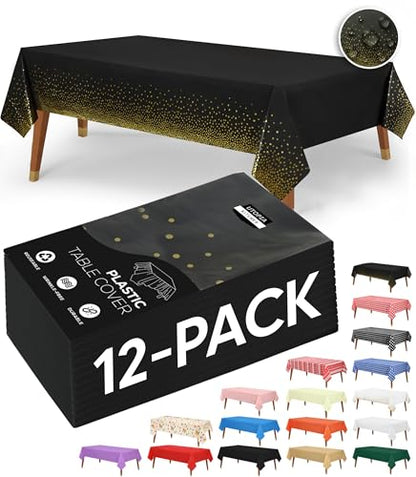 Utopia Kitchen Plastic Table Cloth Disposable (12 Pack - 54x108 Inch) Black Gold Dots Rectangle Tablecloth Waterproof Stain Resistant Party Table Cover - color: Black Gold Dots, size: 54X108 Inch - 12PC