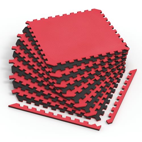 Norsk Dual-Sided Reversible 1/2" Foam Exercise Mats for Home Gym - Interlocking EVA Foam Tiles - color: Red / Black, size: 12 Tiles - 48 Sq. Ft.