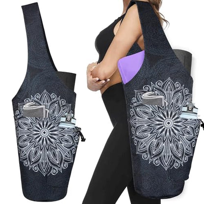 Yoga Mat Bag - Large Opening Long Tote Yoga Mat Carrier Holder Bag with Waterproof Wet Zipper Pocket and Drawstring Water Bottle Pocket - Yoga Bag Fit Most Size Mats - color: Mandala