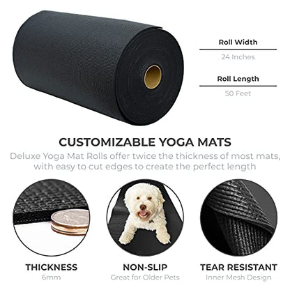Ascend 6mm Thick Yoga Mat Roll, 50ft x 24in - color: Black
