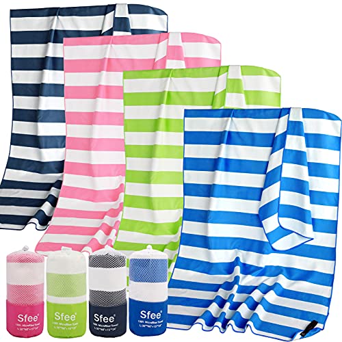 Sfee 2 in 1 Microfiber Beach Towel, Quick Dry Towel Travel Camping Towel Super Absorbent Compact Lightweight Sports Gym Towels Set for Beach, Gym, Hiking, Pool, Backpacking, Bath, Yoga - color: Dark Blue Stripe, size: L 60"x30"+24"x15"