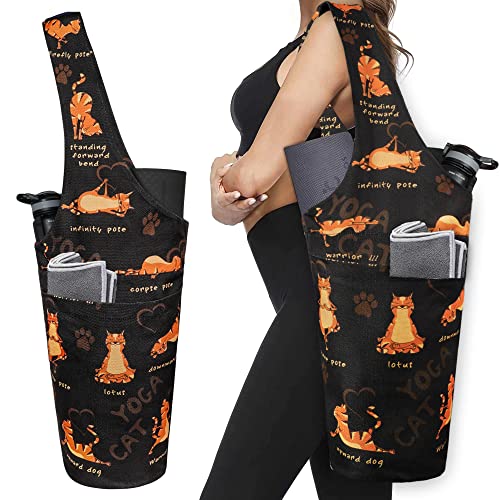 Yoga Mat Bag - Long Tote with Pockets - Holds More Yoga Accessories - Yoga Bag Fit Most Size Mats - Yoga Mat Carrier - color: Cat Yoga Dark-Brown