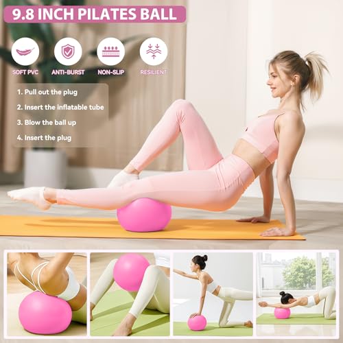 HASHMUST Pilates Ring Kit 12 PCS for Women, Home Workout Equipment with Magic Circle, Mini Exercise Ball, Resistance Bands, Massage Lacrosse, Yoga Strap, Full-Body Fitness Set for Toning & Gift - color: Pink