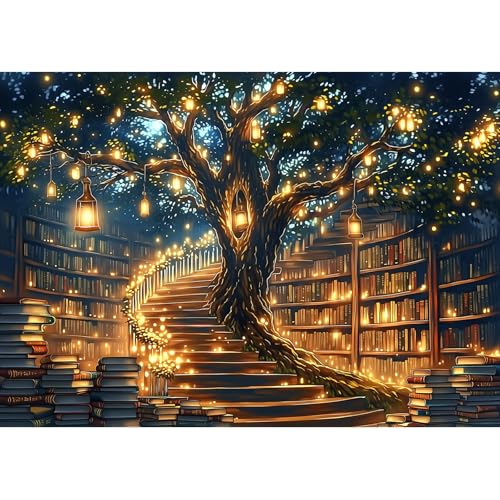 MXJSUA Library Lantern Tree Diamond Art Painting Kits for Adults, Full Drill 5D Round Dots Diamonds Paint Picture for Beginners, Gem Art Painting Craft Kits for Home Decor Gift 16x12 inch - color: Library Lantern Tree