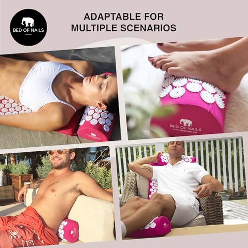 Bed of Nails Mat and Pillow Set – Original Bon Acupressure Design with 10962 Precision Nails, Mat: 28.5 x 16.5 x 1", Pillow: 14.5 x 6 x 4", Pink - color: Pink - Mat & Pillow Set