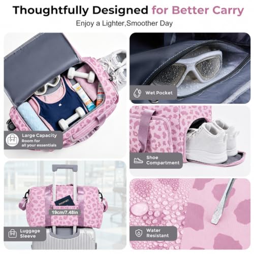 FIORETTO Women's Gym Duffle Bag with Shoes Compartment, 30L Capacity, Ideal for Travel, Gym, Sports, Duffel, Weekender - color: Leopard Pink, style: Gym Bag