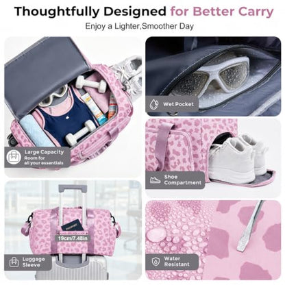 FIORETTO Women's Gym Duffle Bag with Shoes Compartment, 30L Capacity, Ideal for Travel, Gym, Sports, Duffel, Weekender - color: Leopard Pink, style: Gym Bag