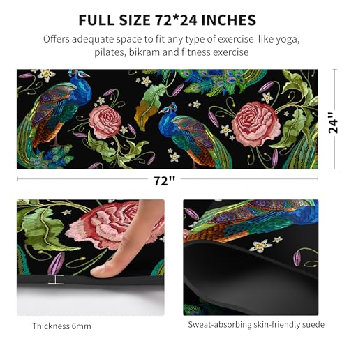 nuveti Yoga Mat Print Extra Thick TPE Non Slip Fitness Exercise Mat with Carrying Bag,72"x24" Extra Thick 6MM Exercise & Workout Mat for Yoga, Pilates Fitness and Floor Exercises - color: Peacock
