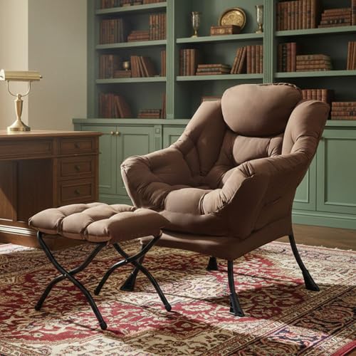 Tiita Lazy Chair with Ottoman, Comfy Reading Accent Chair, Brown | Foldable Footrest, Padded Seat and Backrest, Side Pocket for Lounging in Living Rooms, Bedrooms, Dorms and Small Spaces - color: Peach Skin Brown