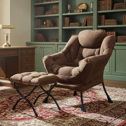 Tiita Lazy Chair with Ottoman, Comfy Reading Accent Chair, Brown | Foldable Footrest, Padded Seat and Backrest, Side Pocket for Lounging in Living Rooms, Bedrooms, Dorms and Small Spaces - color: Peach Skin Brown