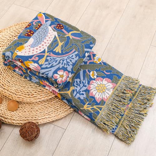 Boho Cotton Muslin Twin Size Bed Throws Blue&Yellow 60"×80" - color: Bird&florals, size: 60''x80''