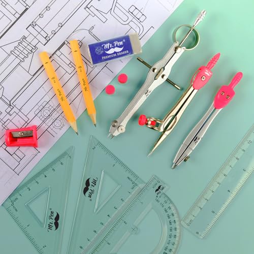 Mr. Pen- Geometry Set, 13 pcs, 3 Metal Compasses, Protractor, 6" Ruler | 45° & 30°/60° Set Squares, Pencils, Lead Refills, Sharpener & Eraser for Math, Drafting & Classroom Use - color: Pink