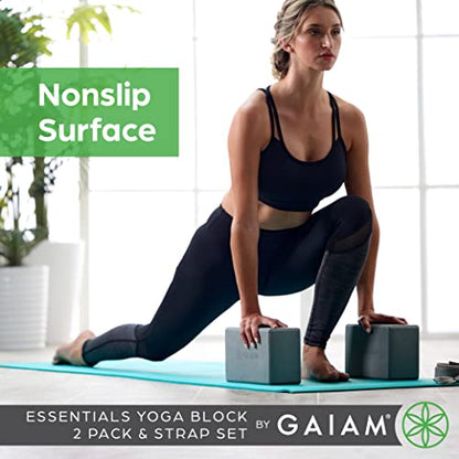 Gaiam Yoga Block - Supportive Latex-Free Eva Foam - Soft Non-Slip Surface with Beveled Edges for Yoga, Pilates, Meditation - color: Black, style: 2 Blocks w/Strap
