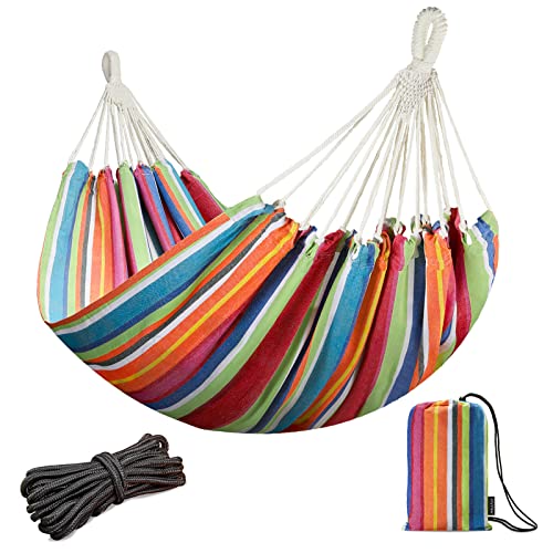 JoyView Brazilian Double Hammock with Hanging Ropes Extra Large 86.6x59” Portable Cotton Hammock for Patio Backyard Porch 450LBS Weight Capacity Perfect for Outdoor/Indoor - Color Stripes - color: Color Stripes