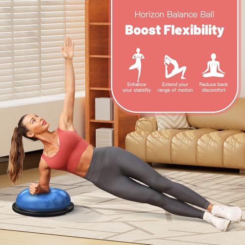 BODYRHYTHM 2 in 1 Balance Ball & Plank Board Trainer with Free iOS/Android App & 4 Free Games for Full Body Workout - Half Exercise Yoga Ball Trainer with 2 Bands & Pump for Strength Training - color: Blue