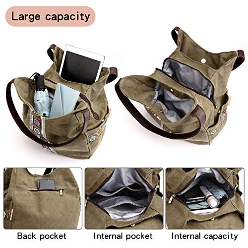 Worldlyda Women Canvas Hobo Purse Multi Pocket Tote Shopper Shoulder Bag Casual Top Handle handbag with Embroidery Ethnic - color: Army Green