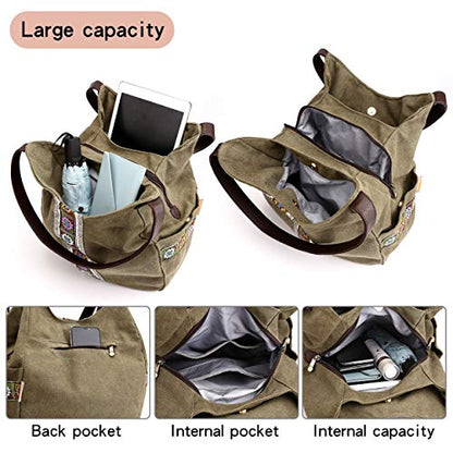 Worldlyda Women Canvas Hobo Purse Multi Pocket Tote Shopper Shoulder Bag Casual Top Handle handbag with Embroidery Ethnic - color: Army Green