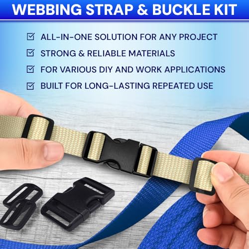 TECEUM 3/4" Nylon Strap Kit with Buckles, Cream 6 yards Repair Set | Heavy duty hardware kit: 6yd webbing, 6 quick release buckles, 12 tri-glide slide clips, 6 metal D-rings for crafting. - color: Cream, size: 3/4" - 6 yards, style: 6 Buckle - 12 Slides -