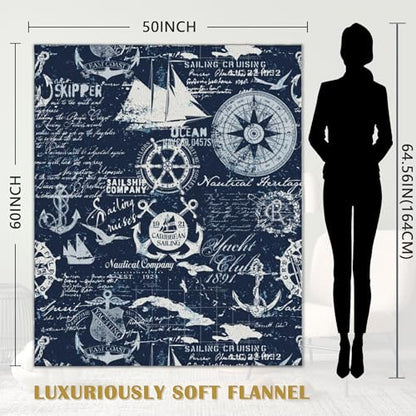 Nautical Navy Blue Blanket, Anchor Compass Soft Lightweight Throw Blanket for Sofa Couch Bed Room 50x60 inch - color: Nautical