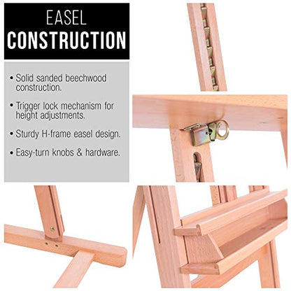U.S. Art Supply Medium Wooden Studio H Frame Easel with Storage Tray | Adjustable to 96" High, Holds Canvas up to 48" - Beechwood Artist Easel for Painting, Art Display Stand, Portraits