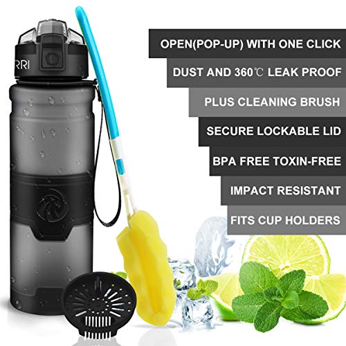 ZORRI Sports Water Bottle, 400/500/700ml/1L, BPA Free Leak Proof Tritan Lightweight Bottles for Outdoors,Camping,Cycling,Fitness,Gym,Yoga- Kids/Adults Drink Bottles with Filter, Lockable Pop Open Lid - color: Grey, size: 17 Ounces