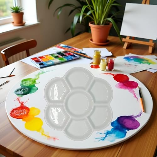 2Pcs White Round Watercolor Paint Palette Tray Water Color Palletes Washable Paint Ceramic Paint Palette Porcelain Watercolor Palette for Watercolor Gouache Acrylic Oil Painting (7-Hole)
