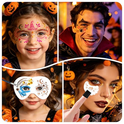 58 PCS Halloween Face Paint Stencils for Kids and Adults, 36 Reusable Facial Painting Templates, 6 Sticky Tattoo Stencils, 10 Brushes, 2 Gem Stickers, 4 Finger Sponges for Halloween Party Makeup - color: red