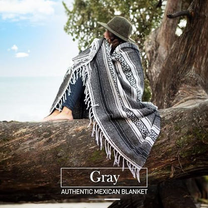 Hydration Nation Authentic Extra Large Mexican Blanket (70"x50") - Handwoven Yoga, Serape- Artisanal Falsa, Beach, Camping, Picnic, Outdoor(Gray) - color: Gray