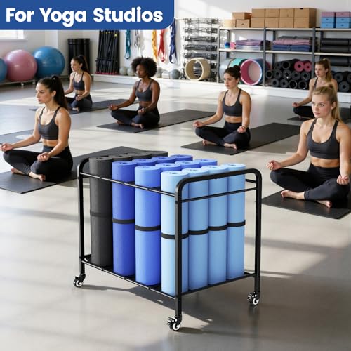 Heavy-Duty Rolling Yoga Mat Storage Cart, Holds 16+ Mats, Commercial-Grade Floor-Standing Metal Yoga Mat Rack for Gym,Fitness Classes, Yoga Studio & Home Gym, Black