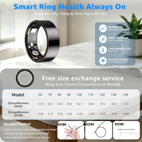 Smart Ring No Subscription, Health Tracker Ring for Women (Black, 6#) | Tracker Sleep, Blood Oxygen, Heart Rate, SpO2, HRV Stress, Step Counter, IP68 Waterproof, Compatible with iOS & Android - color: Black, size: 6#